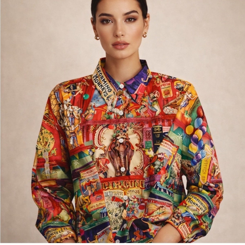 Colorful Circus Print Button-Down Shirt - Women